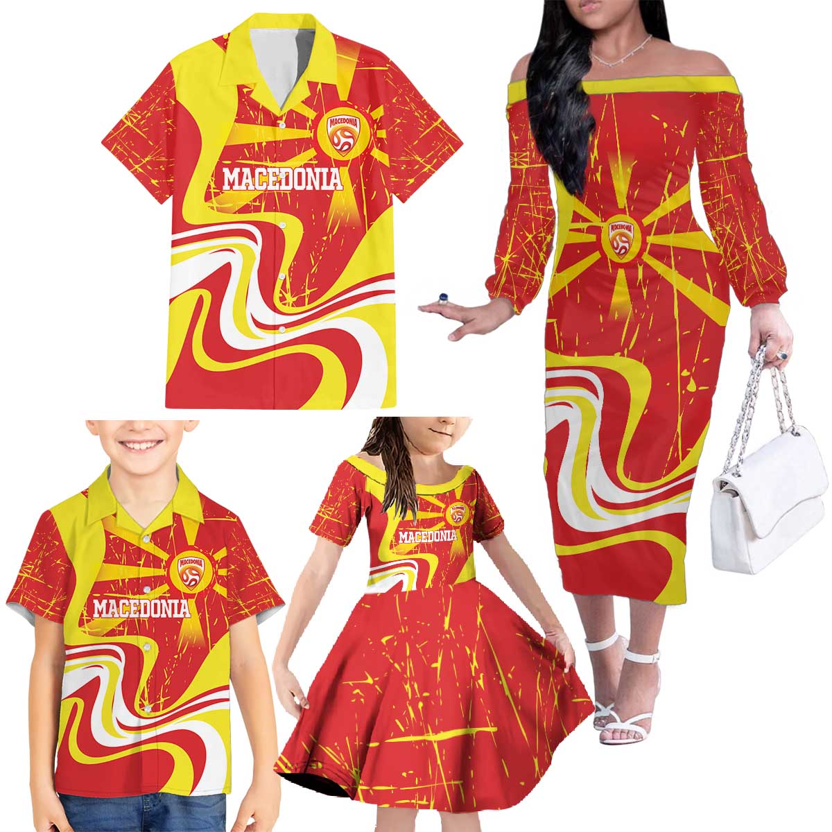 Macedonia Football Custom Family Matching Off The Shoulder Long Sleeve Dress and Hawaiian Shirt Go Risovi Grunge Style - Wonder Print Shop