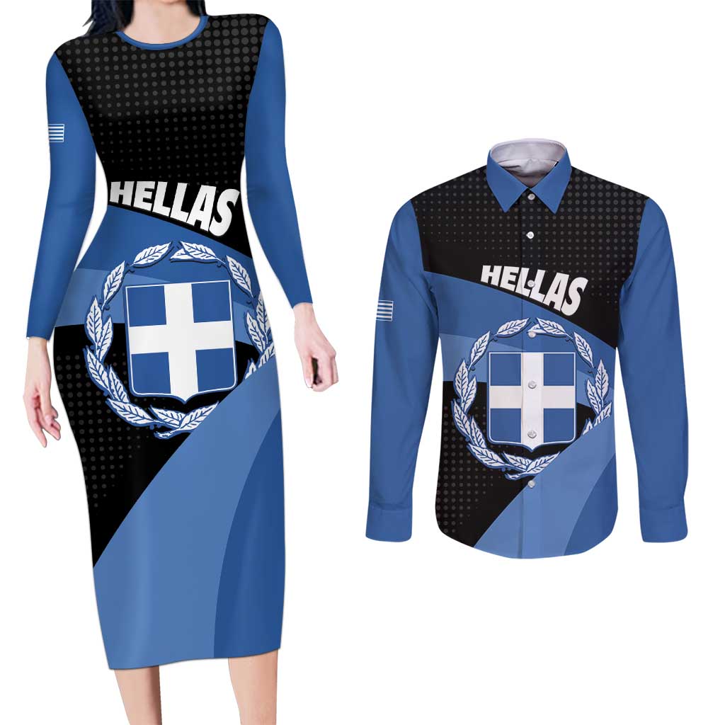 Personalised Greece Hellas Couples Matching Long Sleeve Bodycon Dress and Long Sleeve Button Shirt Coat Of Arms - Wonder Print Shop