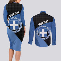 Personalised Greece Hellas Couples Matching Long Sleeve Bodycon Dress and Long Sleeve Button Shirt Coat Of Arms - Wonder Print Shop
