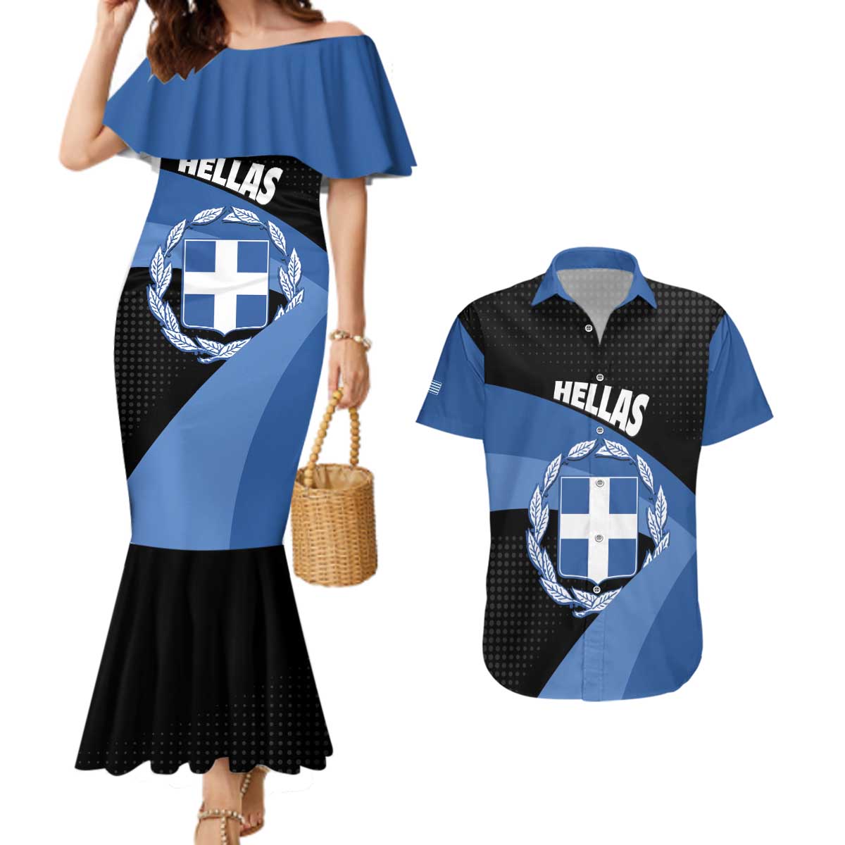 Personalised Greece Hellas Couples Matching Mermaid Dress and Hawaiian Shirt Coat Of Arms - Wonder Print Shop