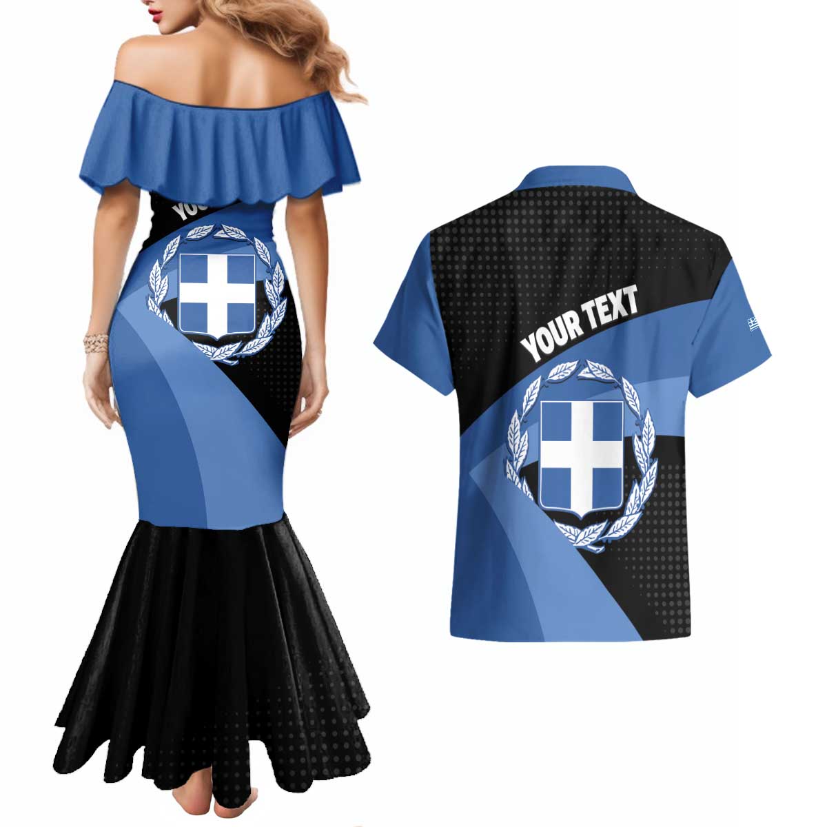 Personalised Greece Hellas Couples Matching Mermaid Dress and Hawaiian Shirt Coat Of Arms - Wonder Print Shop