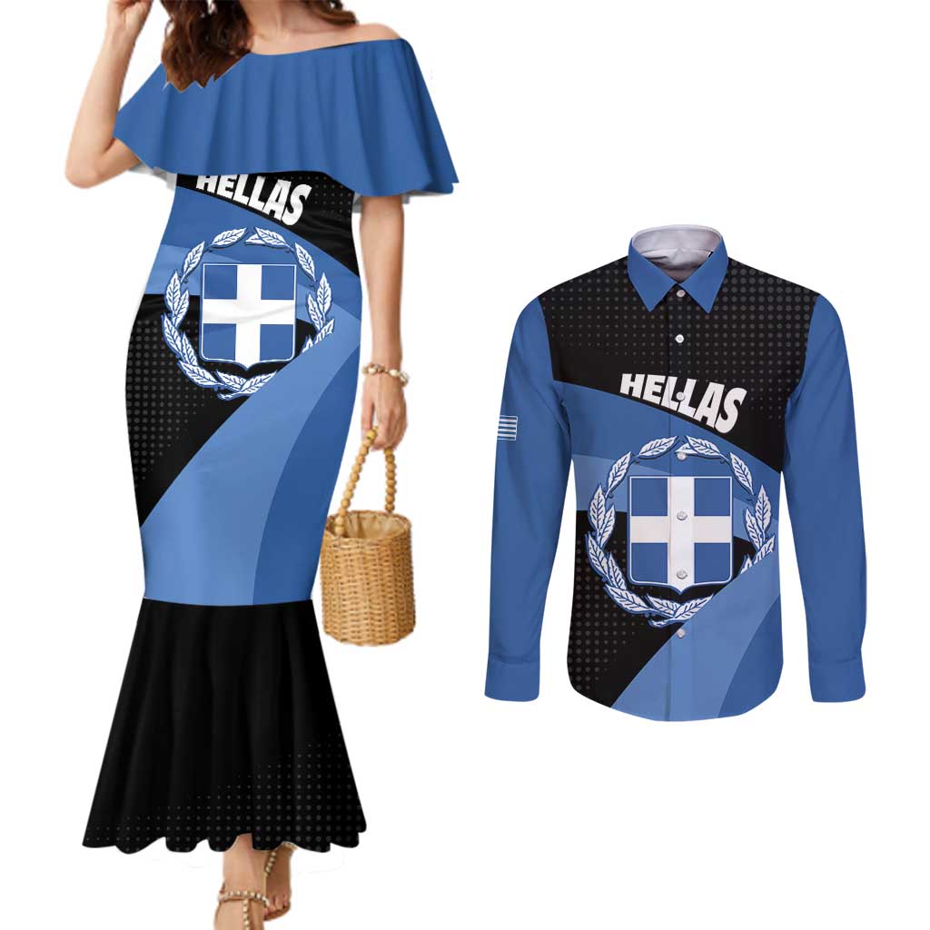 Personalised Greece Hellas Couples Matching Mermaid Dress and Long Sleeve Button Shirt Coat Of Arms - Wonder Print Shop