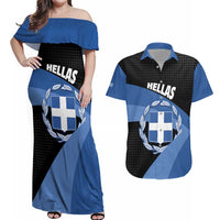 Personalised Greece Hellas Couples Matching Off Shoulder Maxi Dress and Hawaiian Shirt Coat Of Arms - Wonder Print Shop