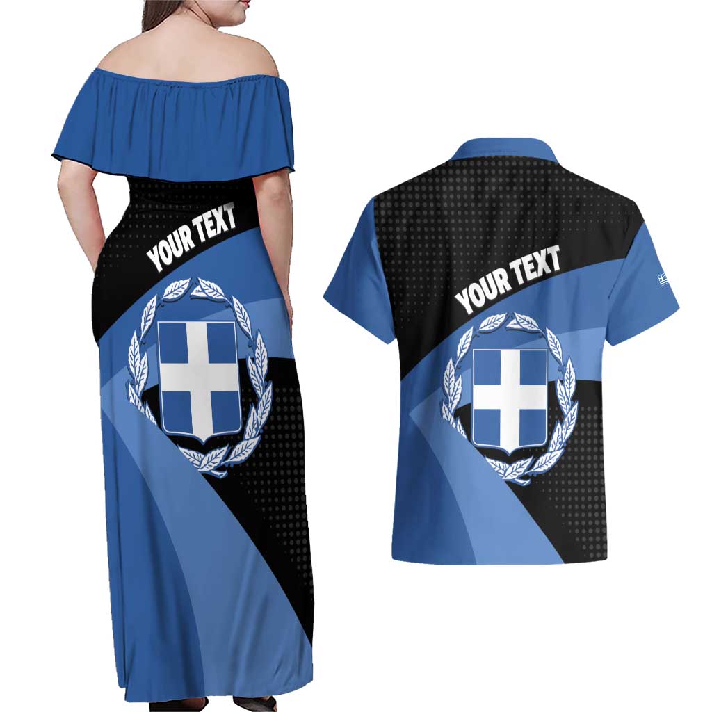 Personalised Greece Hellas Couples Matching Off Shoulder Maxi Dress and Hawaiian Shirt Coat Of Arms - Wonder Print Shop