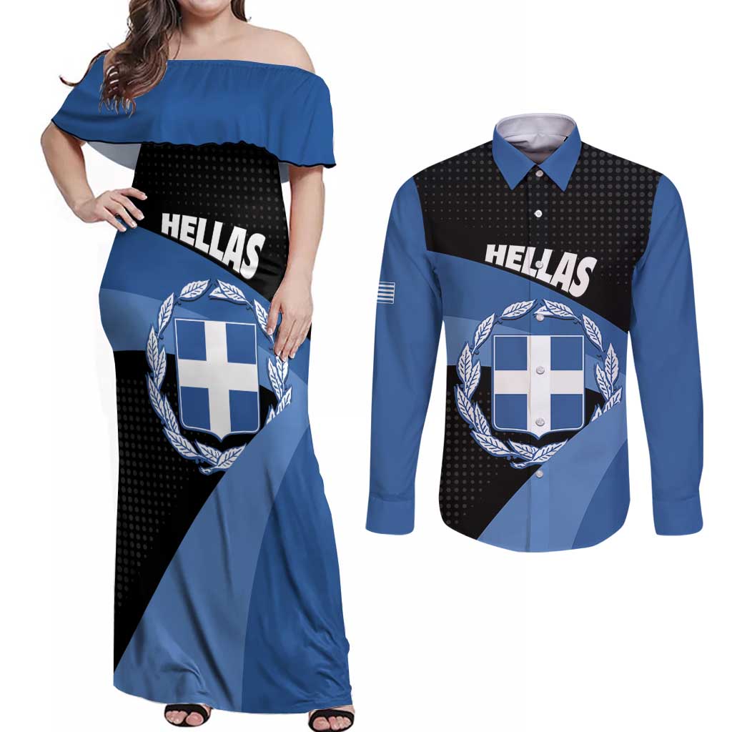 Personalised Greece Hellas Couples Matching Off Shoulder Maxi Dress and Long Sleeve Button Shirt Coat Of Arms - Wonder Print Shop
