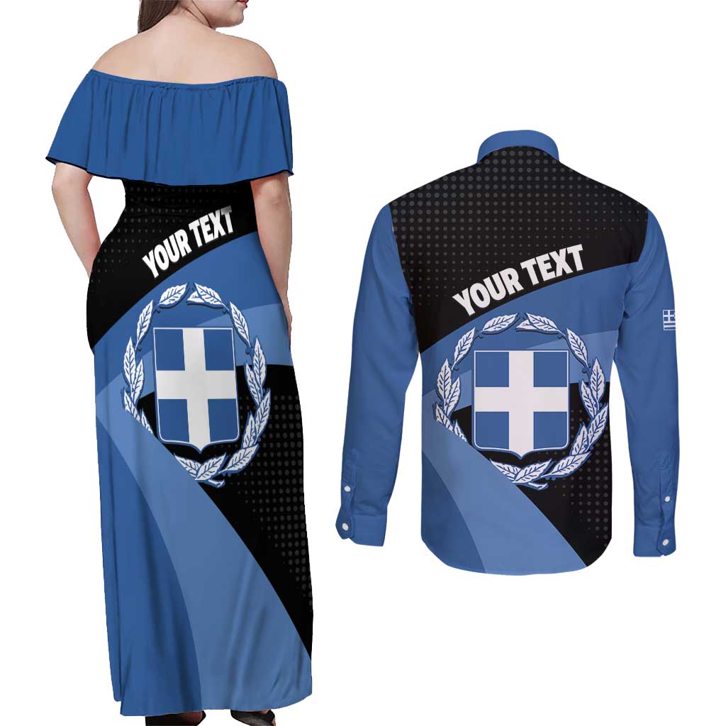 Personalised Greece Hellas Couples Matching Off Shoulder Maxi Dress and Long Sleeve Button Shirt Coat Of Arms - Wonder Print Shop