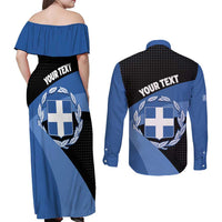 Personalised Greece Hellas Couples Matching Off Shoulder Maxi Dress and Long Sleeve Button Shirt Coat Of Arms - Wonder Print Shop