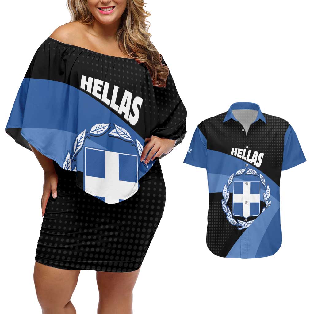 Personalised Greece Hellas Couples Matching Off Shoulder Short Dress and Hawaiian Shirt Coat Of Arms - Wonder Print Shop