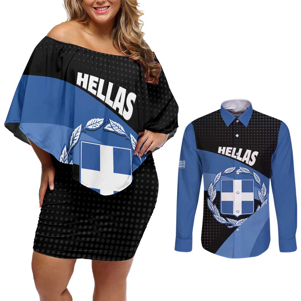 Personalised Greece Hellas Couples Matching Off Shoulder Short Dress and Long Sleeve Button Shirt Coat Of Arms - Wonder Print Shop