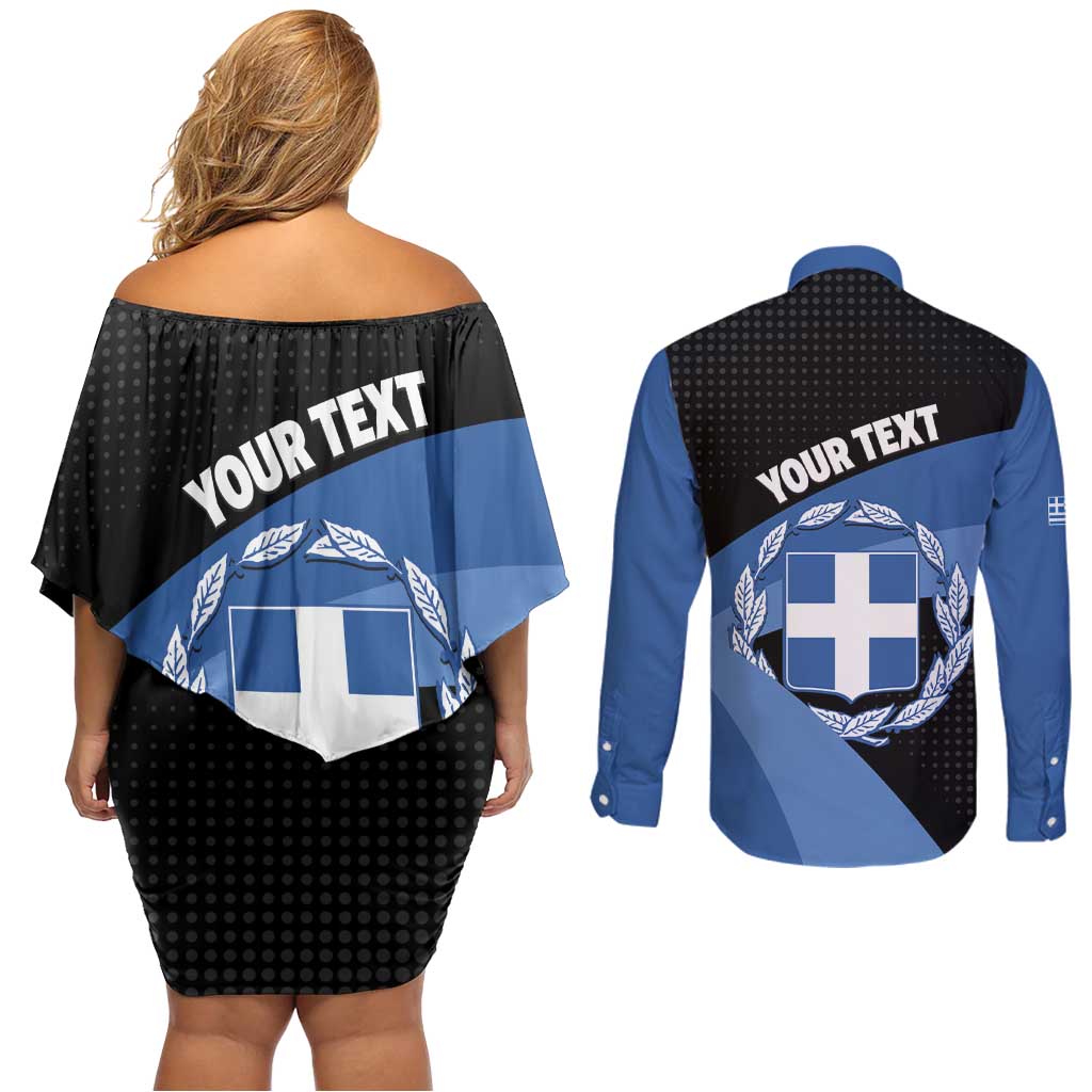 Personalised Greece Hellas Couples Matching Off Shoulder Short Dress and Long Sleeve Button Shirt Coat Of Arms - Wonder Print Shop