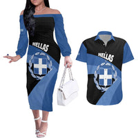 Personalised Greece Hellas Couples Matching Off The Shoulder Long Sleeve Dress and Hawaiian Shirt Coat Of Arms - Wonder Print Shop