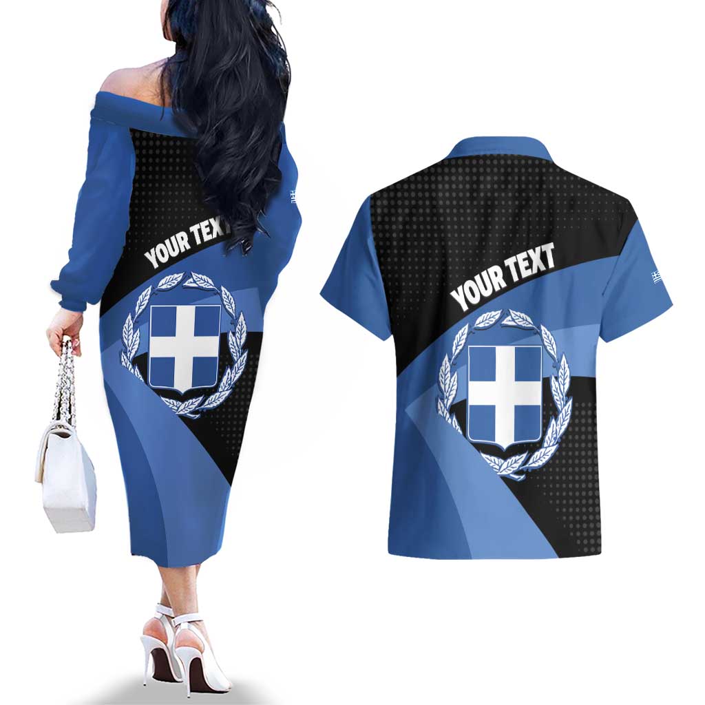 Personalised Greece Hellas Couples Matching Off The Shoulder Long Sleeve Dress and Hawaiian Shirt Coat Of Arms - Wonder Print Shop