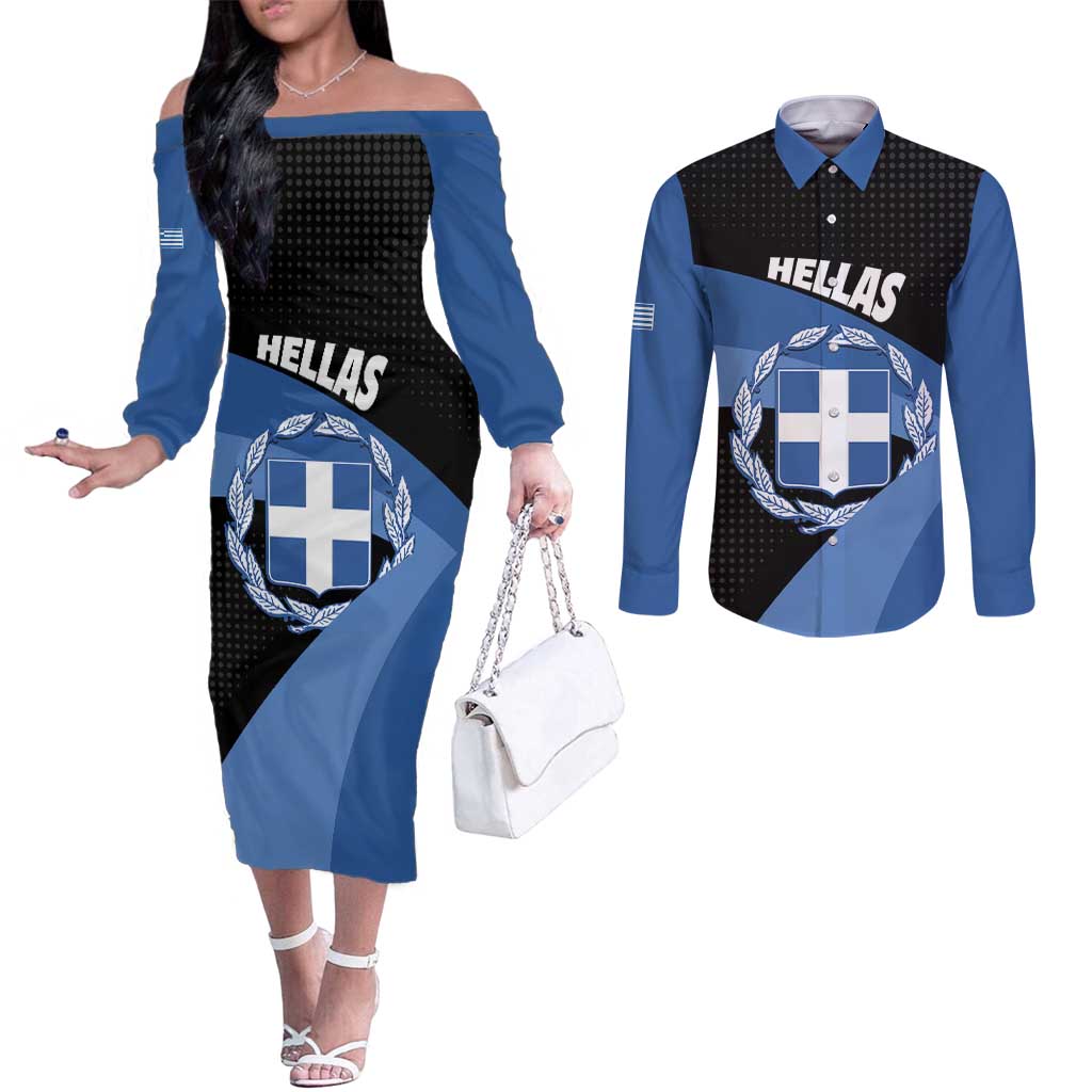 Personalised Greece Hellas Couples Matching Off The Shoulder Long Sleeve Dress and Long Sleeve Button Shirt Coat Of Arms - Wonder Print Shop