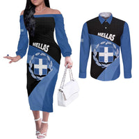 Personalised Greece Hellas Couples Matching Off The Shoulder Long Sleeve Dress and Long Sleeve Button Shirt Coat Of Arms - Wonder Print Shop