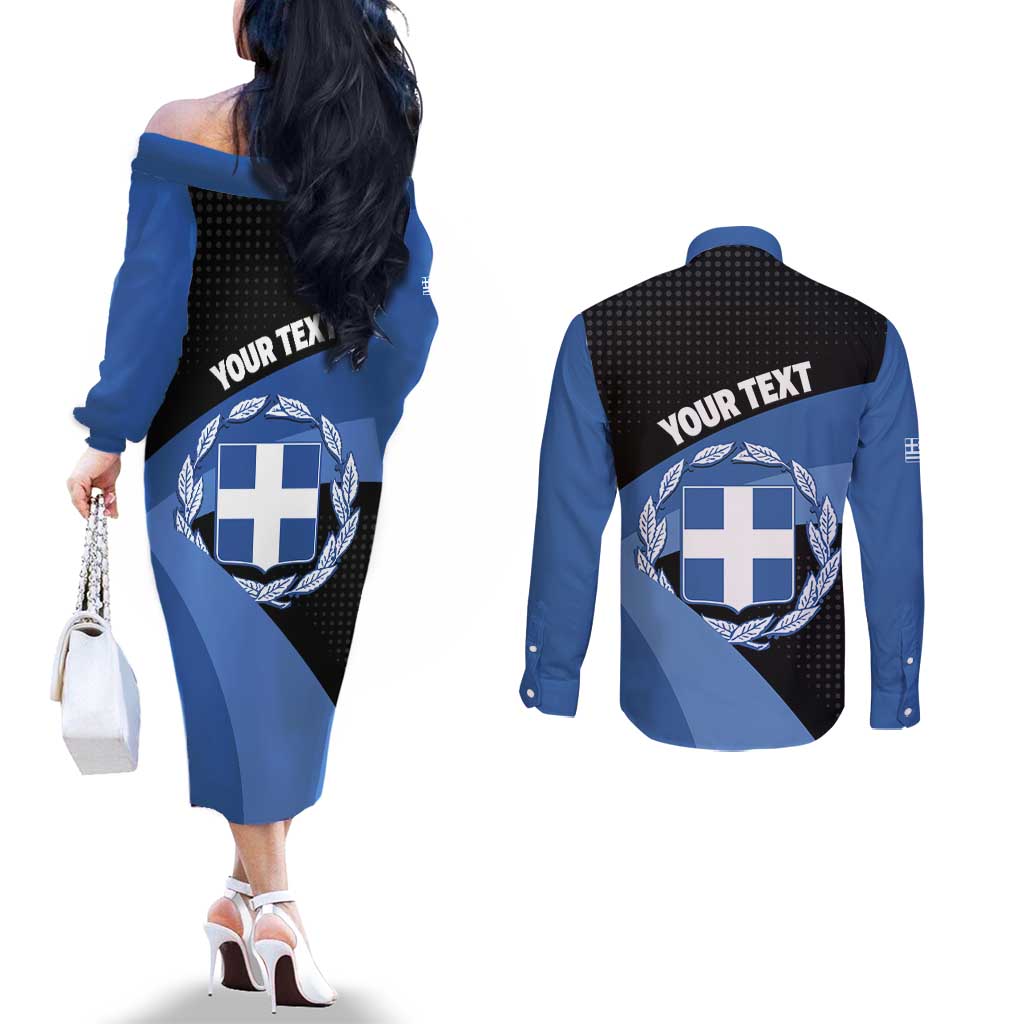 Personalised Greece Hellas Couples Matching Off The Shoulder Long Sleeve Dress and Long Sleeve Button Shirt Coat Of Arms - Wonder Print Shop