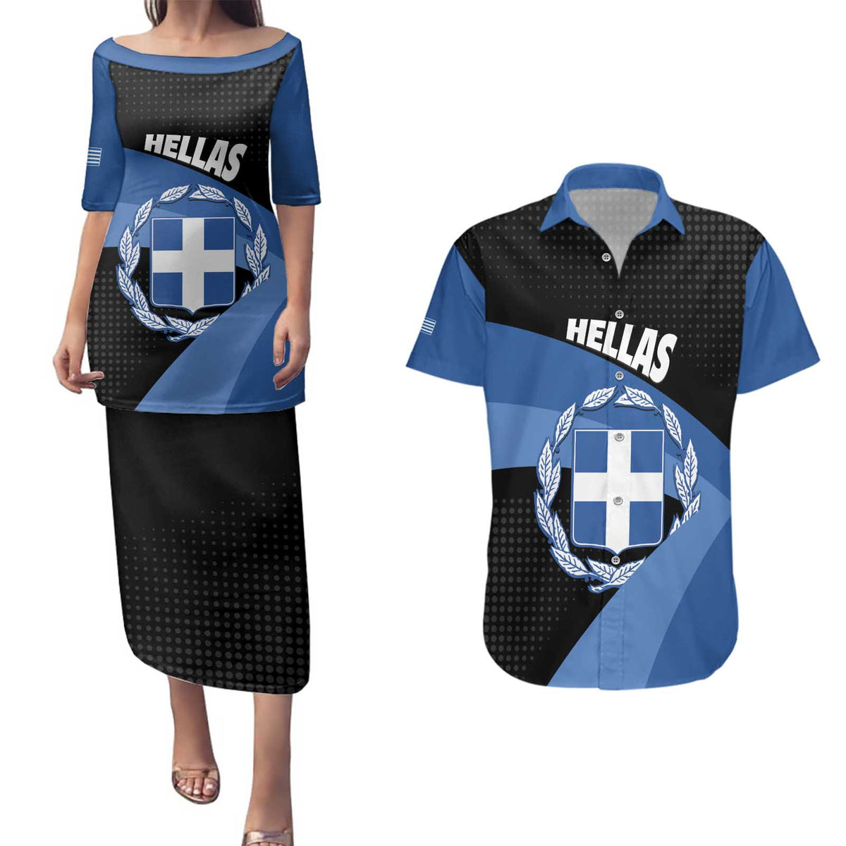 Personalised Greece Hellas Couples Matching Puletasi and Hawaiian Shirt Coat Of Arms - Wonder Print Shop