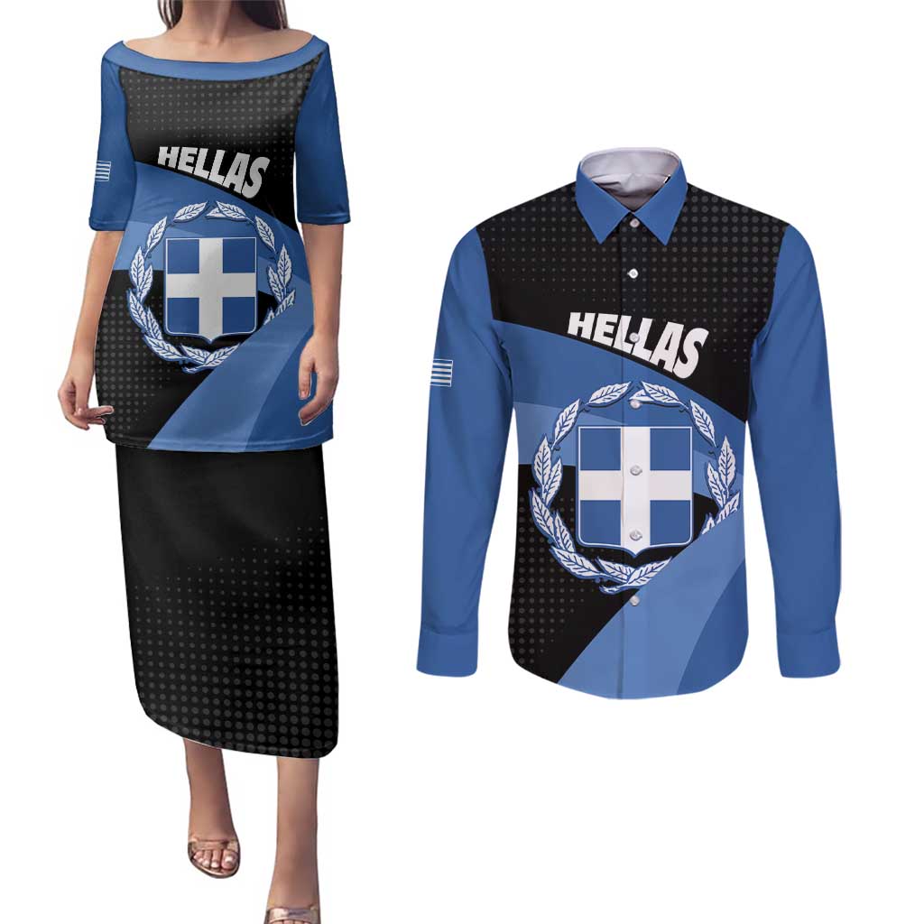 Personalised Greece Hellas Couples Matching Puletasi and Long Sleeve Button Shirt Coat Of Arms - Wonder Print Shop