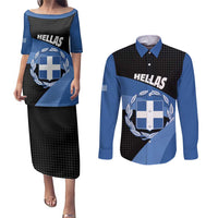 Personalised Greece Hellas Couples Matching Puletasi and Long Sleeve Button Shirt Coat Of Arms - Wonder Print Shop