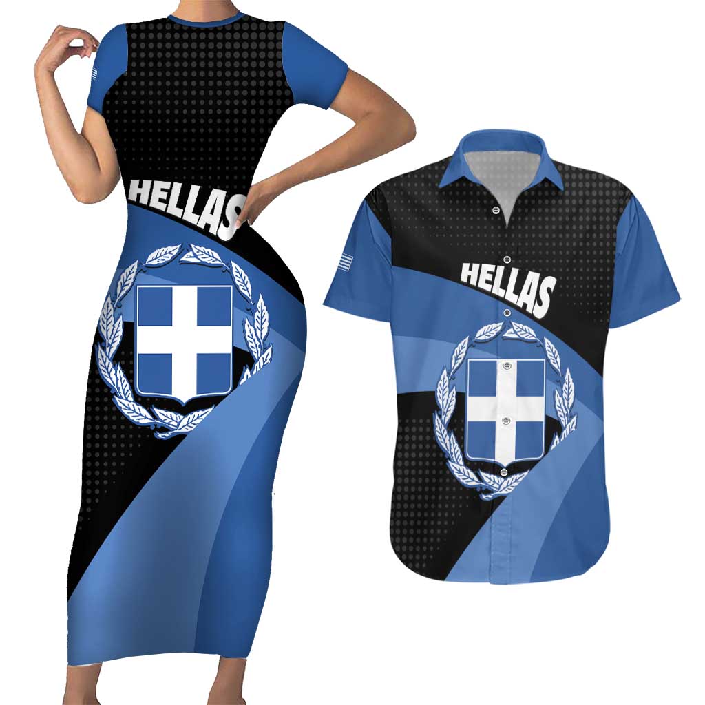 Personalised Greece Hellas Couples Matching Short Sleeve Bodycon Dress and Hawaiian Shirt Coat Of Arms - Wonder Print Shop