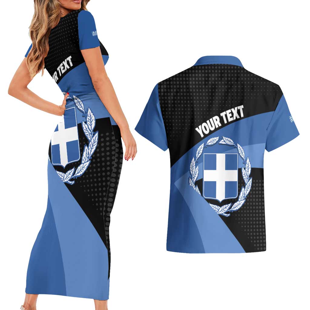 Personalised Greece Hellas Couples Matching Short Sleeve Bodycon Dress and Hawaiian Shirt Coat Of Arms - Wonder Print Shop