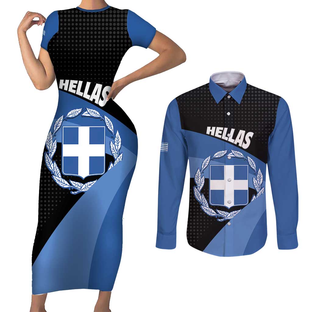 Personalised Greece Hellas Couples Matching Short Sleeve Bodycon Dress and Long Sleeve Button Shirt Coat Of Arms - Wonder Print Shop