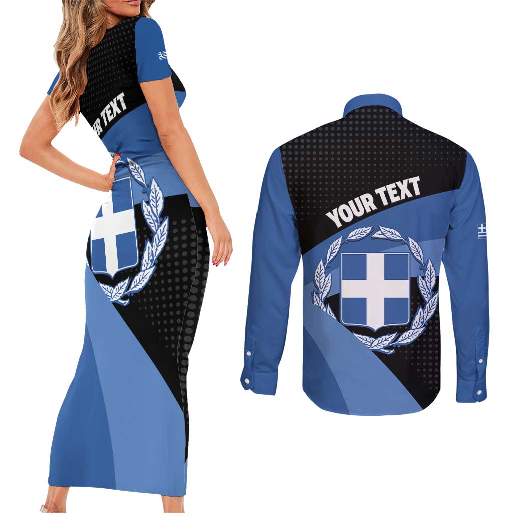 Personalised Greece Hellas Couples Matching Short Sleeve Bodycon Dress and Long Sleeve Button Shirt Coat Of Arms - Wonder Print Shop