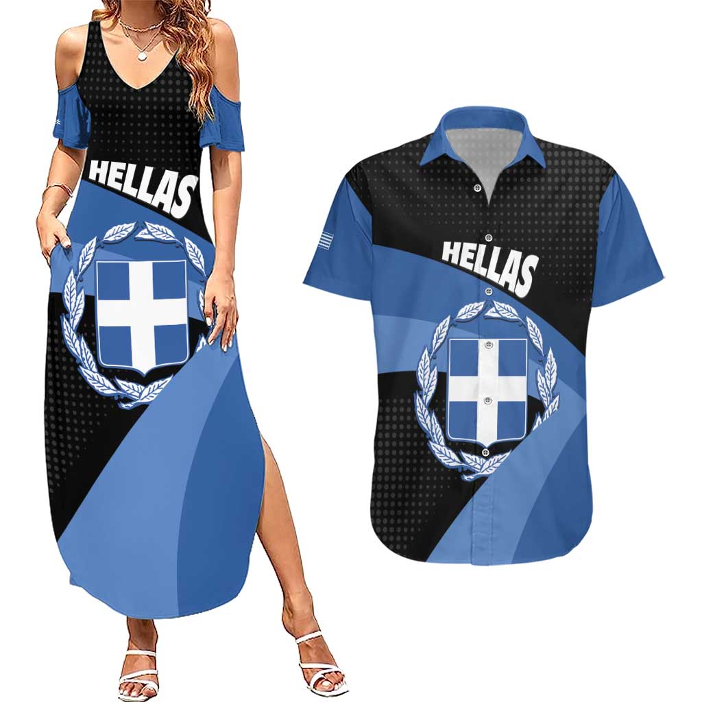 Personalised Greece Hellas Couples Matching Summer Maxi Dress and Hawaiian Shirt Coat Of Arms - Wonder Print Shop