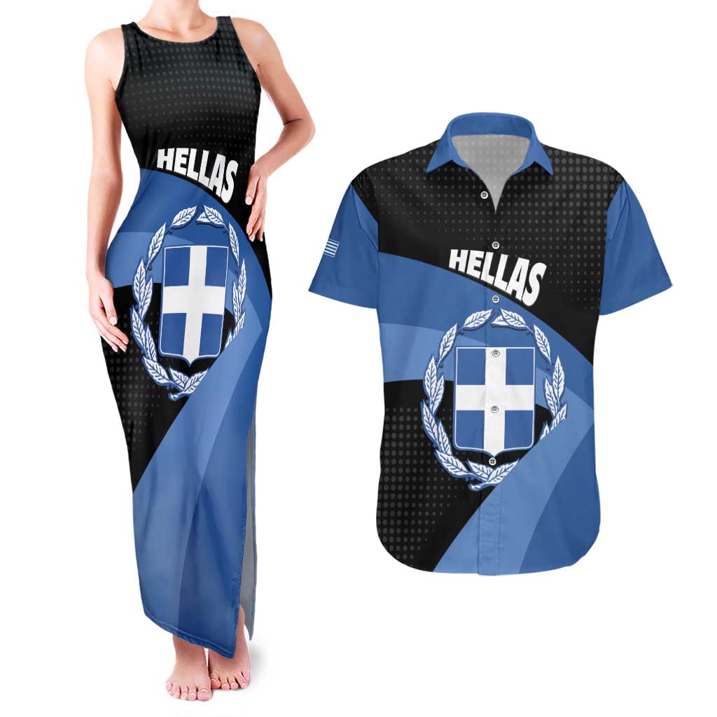 Personalised Greece Hellas Couples Matching Tank Maxi Dress and Hawaiian Shirt Coat Of Arms - Wonder Print Shop