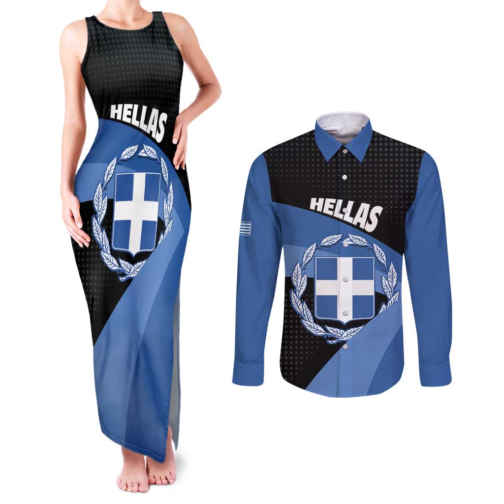 Personalised Greece Hellas Couples Matching Tank Maxi Dress and Long Sleeve Button Shirt Coat Of Arms - Wonder Print Shop