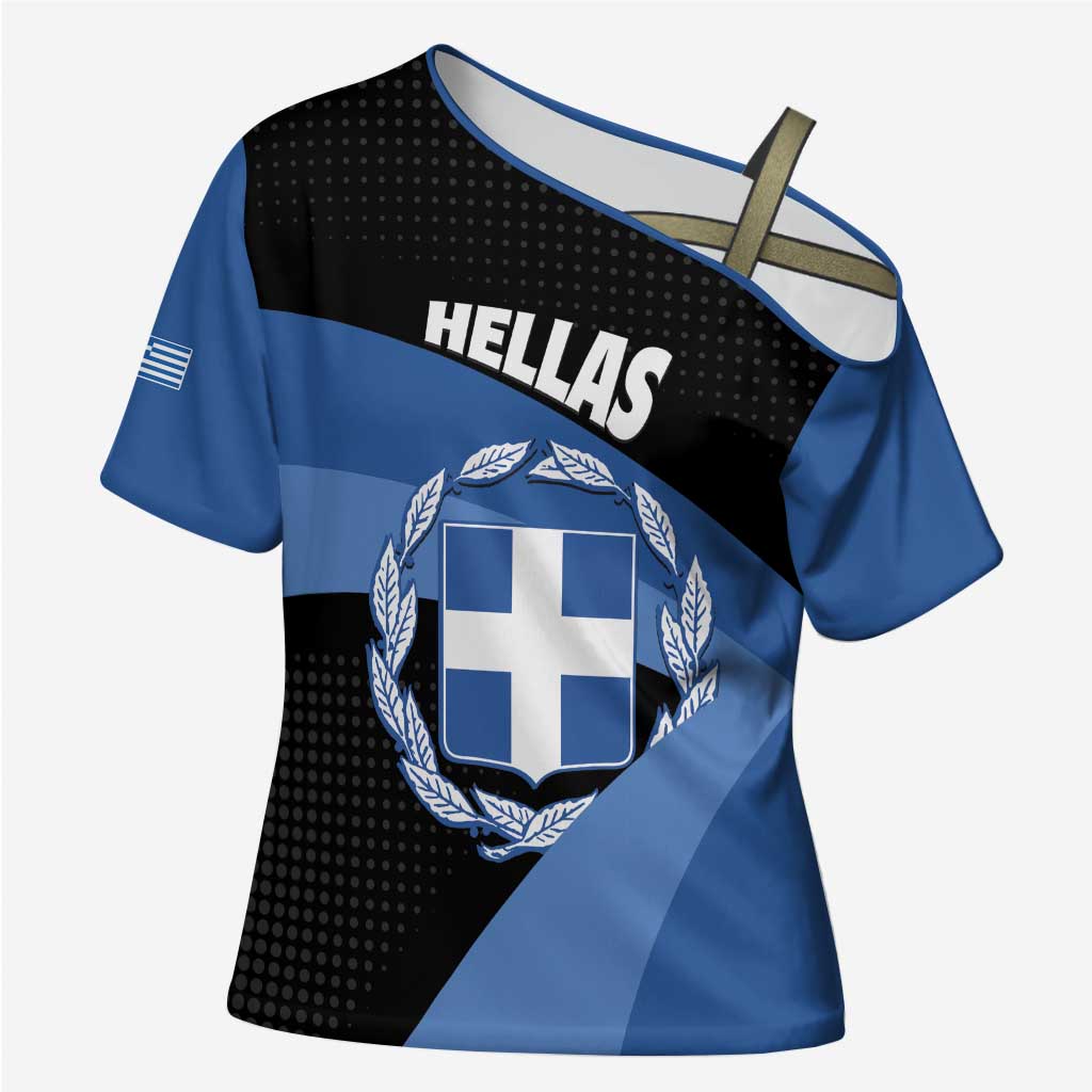 Personalised Greece Hellas Cross Shoulder Shirt Coat Of Arms - Wonder Print Shop