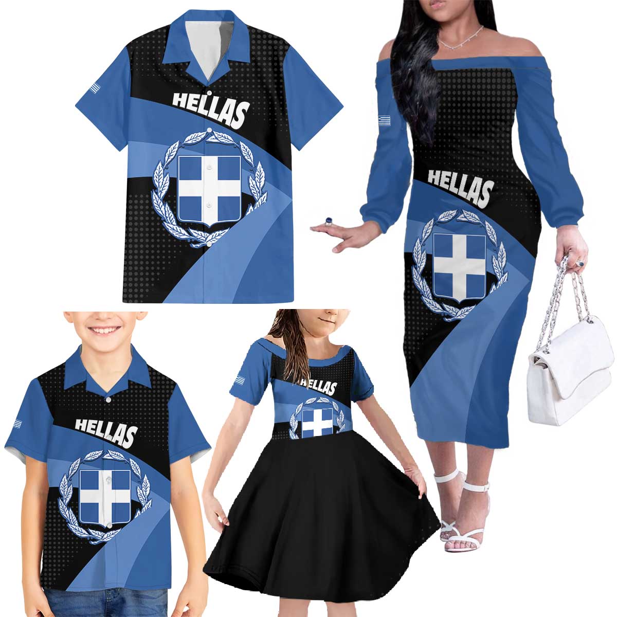 Personalised Greece Hellas Family Matching Off The Shoulder Long Sleeve Dress and Hawaiian Shirt Coat Of Arms - Wonder Print Shop