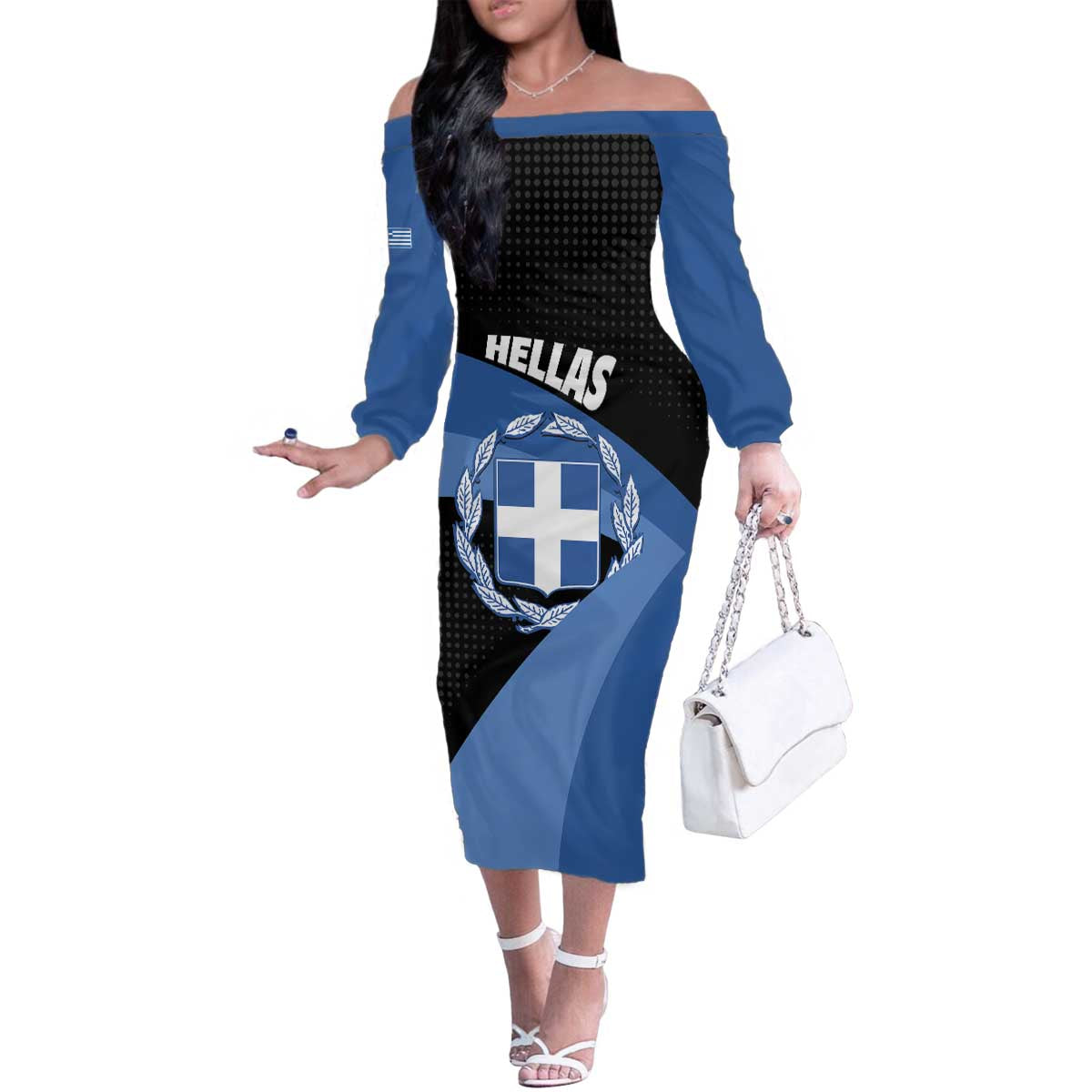 Personalised Greece Hellas Family Matching Off The Shoulder Long Sleeve Dress and Hawaiian Shirt Coat Of Arms - Wonder Print Shop