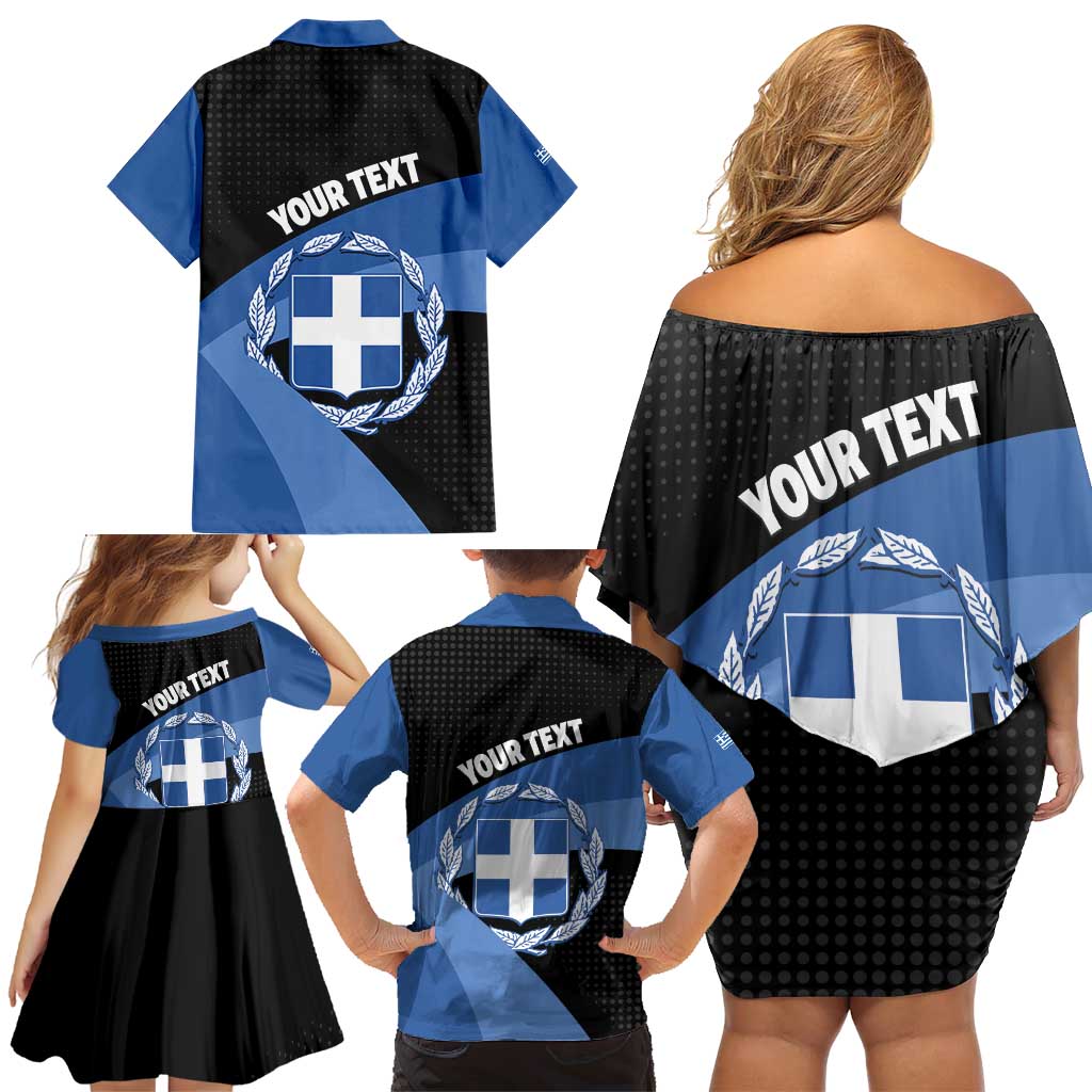Personalised Greece Hellas Family Matching Off Shoulder Short Dress and Hawaiian Shirt Coat Of Arms - Wonder Print Shop