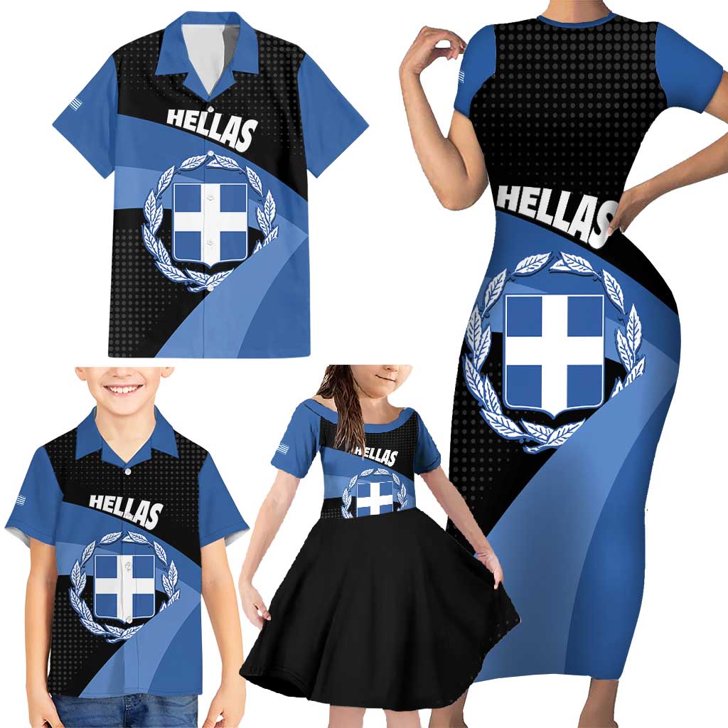 Personalised Greece Hellas Family Matching Short Sleeve Bodycon Dress and Hawaiian Shirt Coat Of Arms - Wonder Print Shop