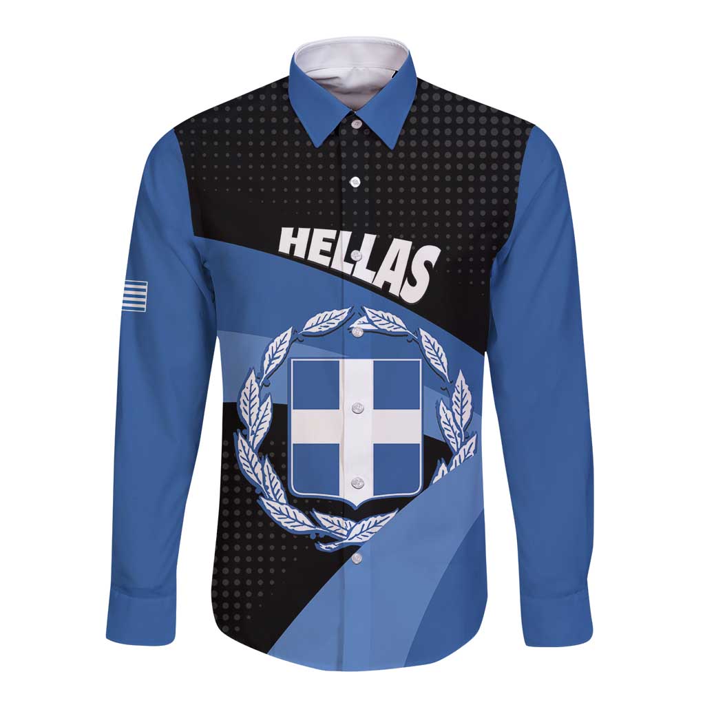 Personalised Greece Hellas Long Sleeve Button Shirt Coat Of Arms - Wonder Print Shop