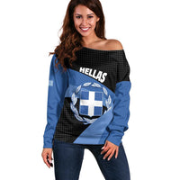 Personalised Greece Hellas Off Shoulder Sweater Coat Of Arms - Wonder Print Shop