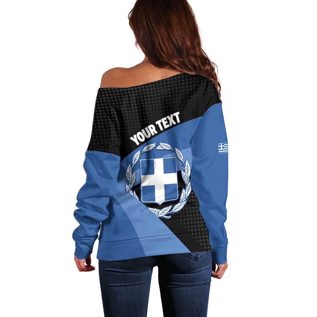 Personalised Greece Hellas Off Shoulder Sweater Coat Of Arms - Wonder Print Shop