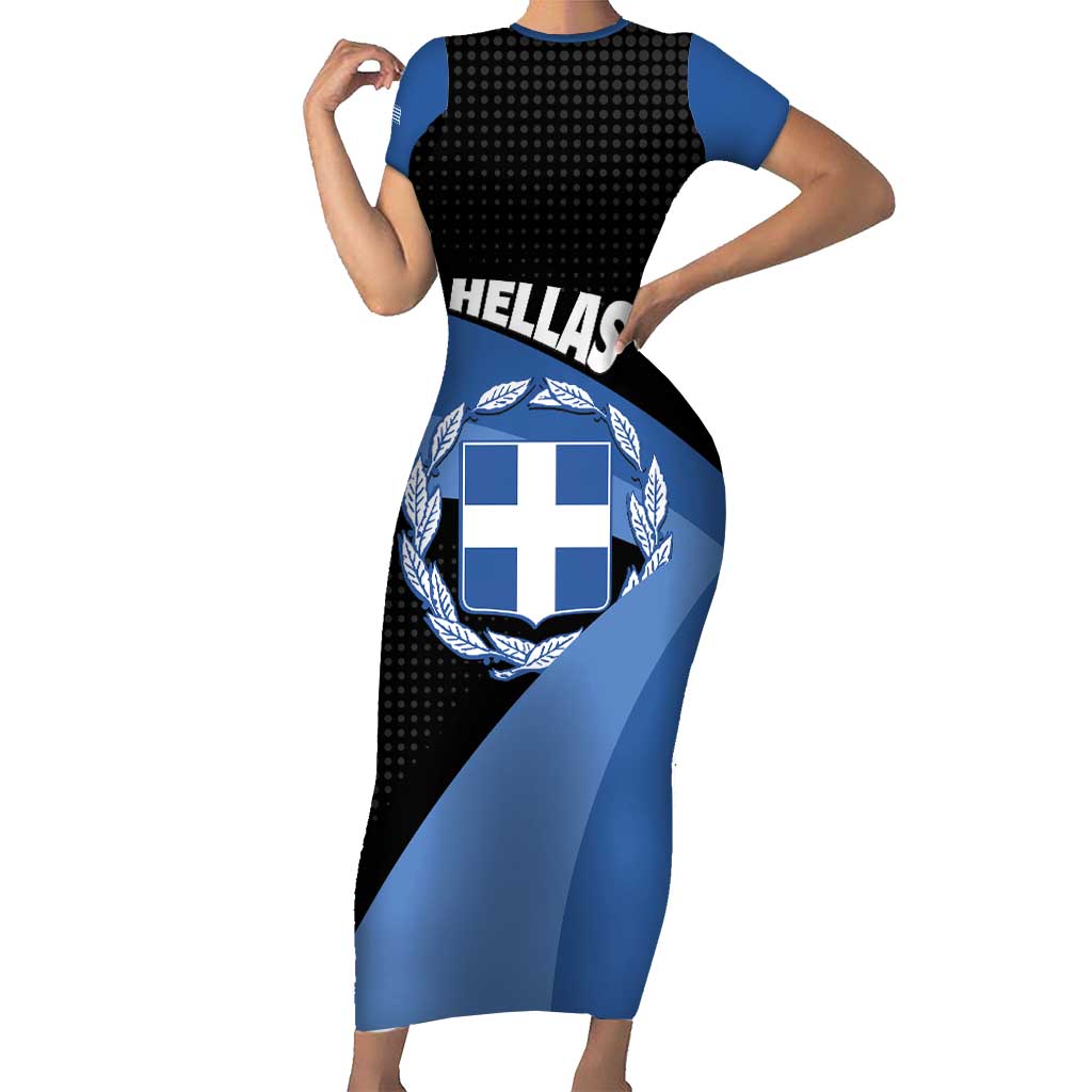 Personalised Greece Hellas Short Sleeve Bodycon Dress Coat Of Arms - Wonder Print Shop