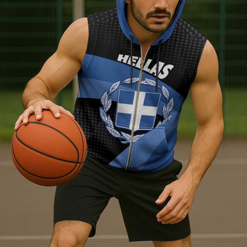 Personalised Greece Hellas Sleeveless Zip Hoodie Coat Of Arms - Wonder Print Shop