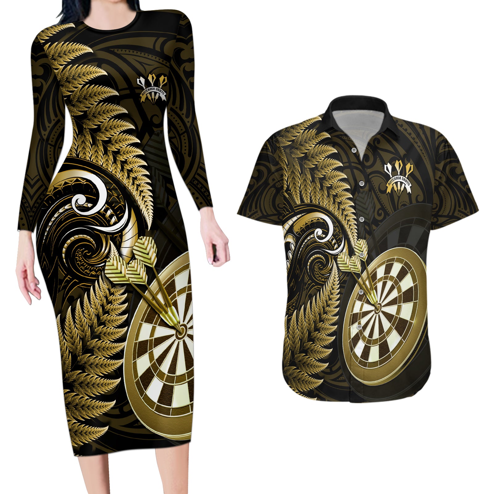 Personalised New Zealand Darts Couples Matching Long Sleeve Bodycon Dress and Hawaiian Shirt Happiness Is A Tight Threesome Maori Gold - Wonder Print Shop