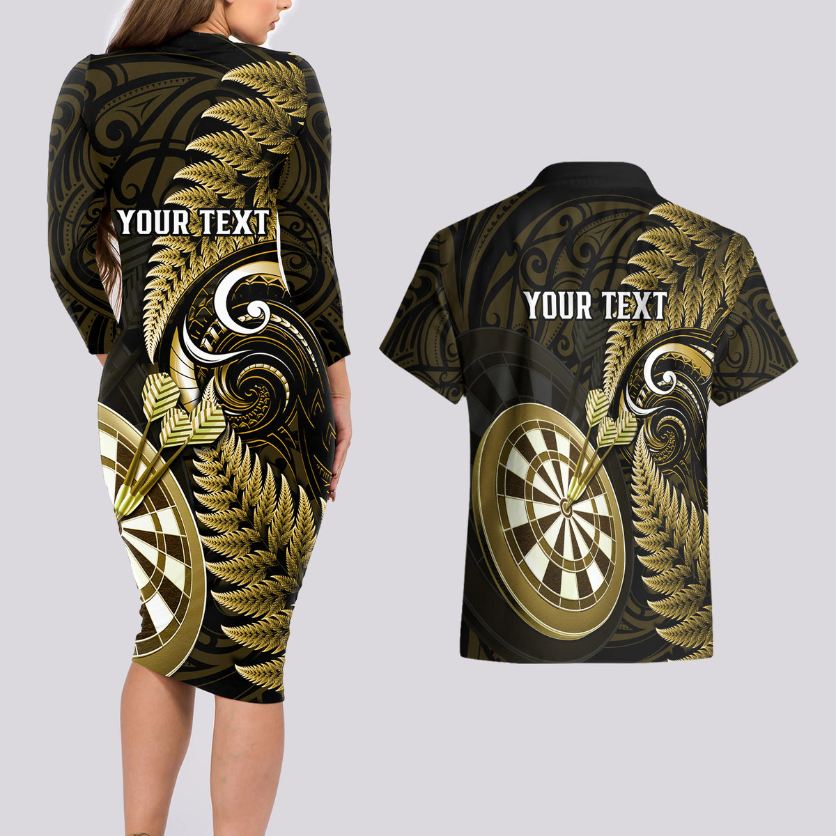 Personalised New Zealand Darts Couples Matching Long Sleeve Bodycon Dress and Hawaiian Shirt Happiness Is A Tight Threesome Maori Gold - Wonder Print Shop