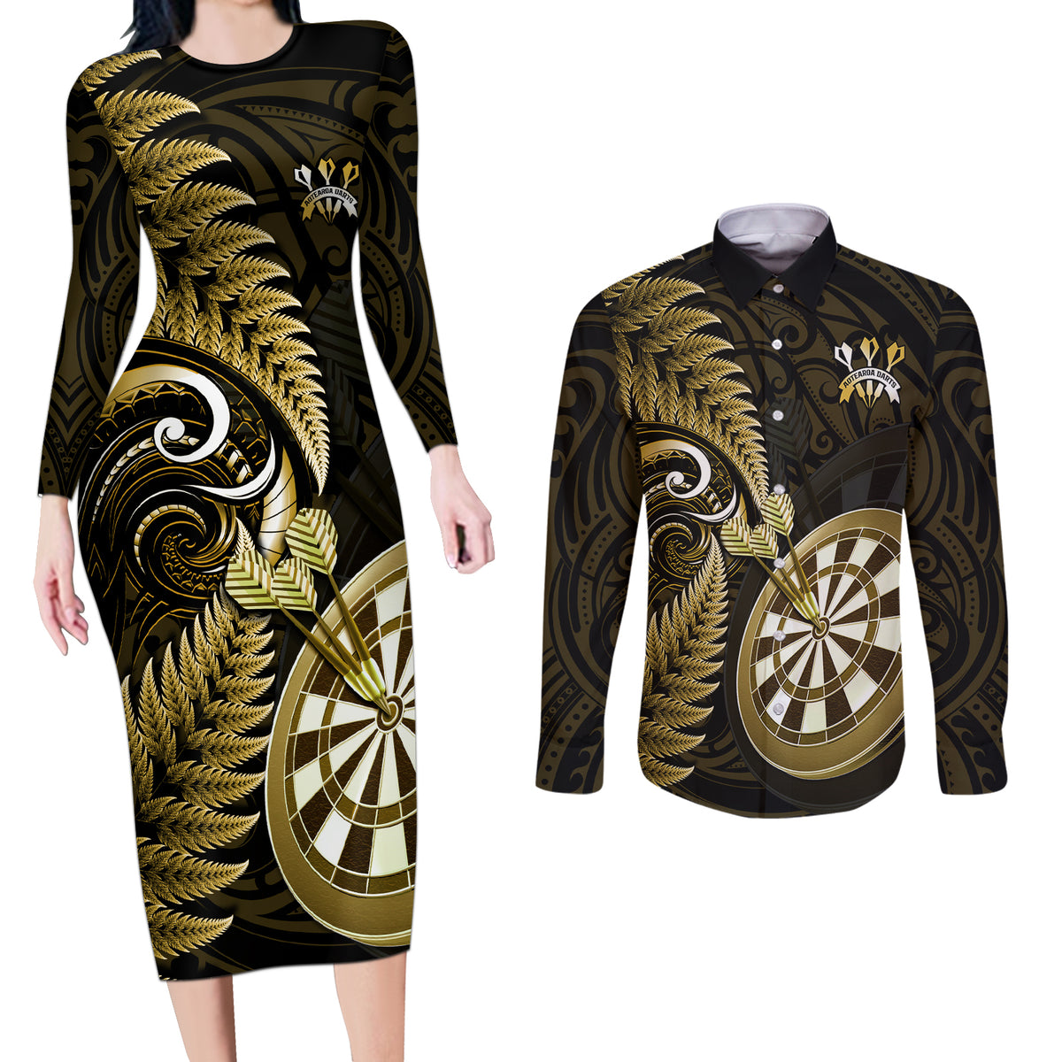 Personalised New Zealand Darts Couples Matching Long Sleeve Bodycon Dress and Long Sleeve Button Shirts Happiness Is A Tight Threesome Maori Gold - Wonder Print Shop