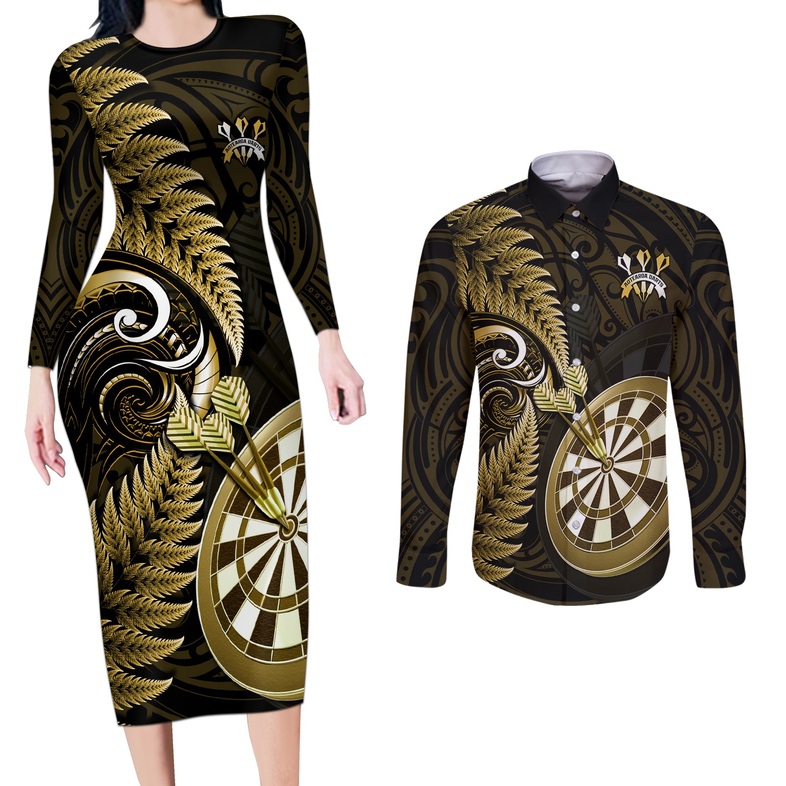 Personalised New Zealand Darts Couples Matching Long Sleeve Bodycon Dress and Long Sleeve Button Shirts Happiness Is A Tight Threesome Maori Gold - Wonder Print Shop