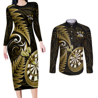 Personalised New Zealand Darts Couples Matching Long Sleeve Bodycon Dress and Long Sleeve Button Shirts Happiness Is A Tight Threesome Maori Gold - Wonder Print Shop