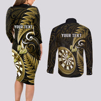 Personalised New Zealand Darts Couples Matching Long Sleeve Bodycon Dress and Long Sleeve Button Shirts Happiness Is A Tight Threesome Maori Gold - Wonder Print Shop