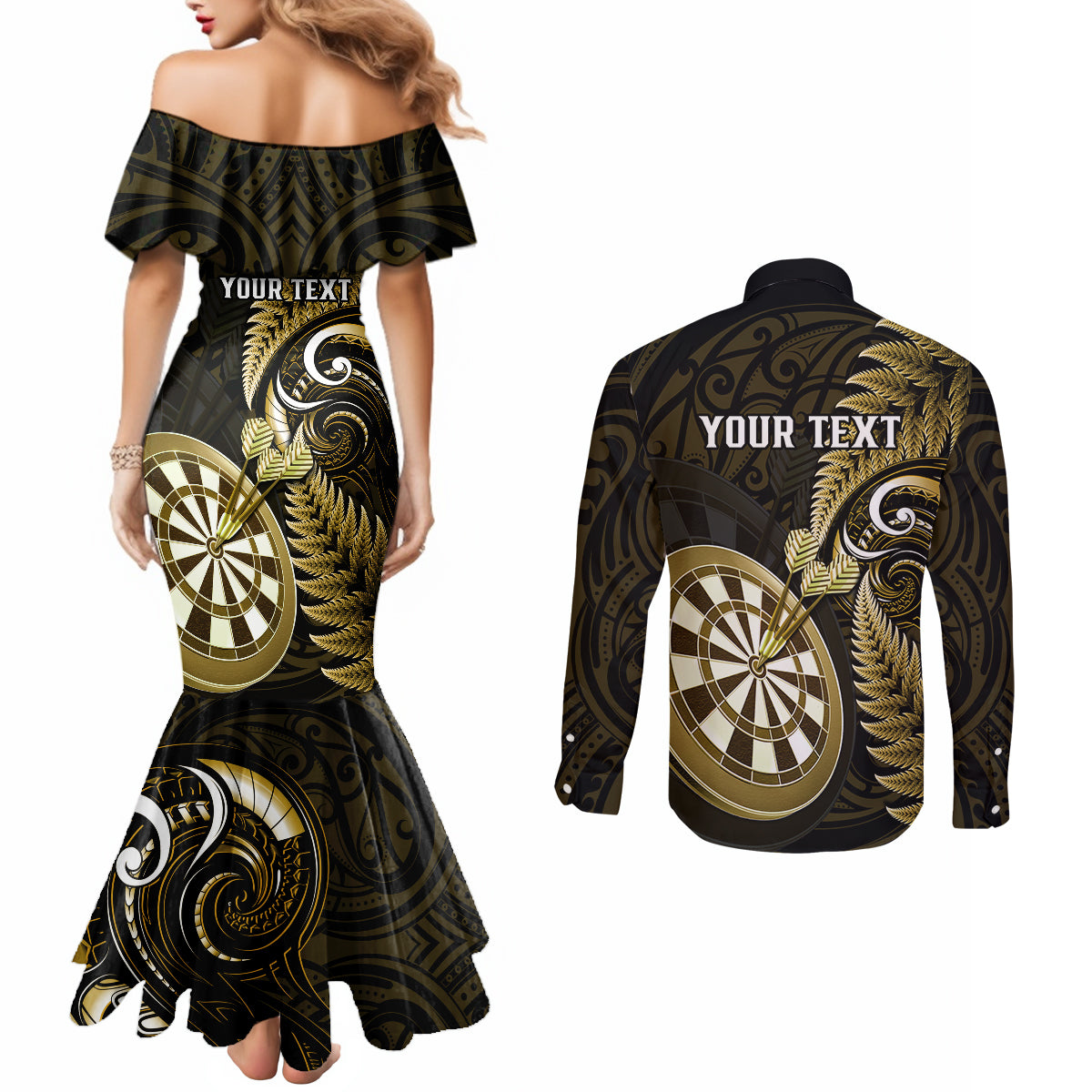 personalised-new-zealand-darts-couples-matching-mermaid-dress-and-long-sleeve-button-shirts-happiness-is-a-tight-threesome-maori-gold