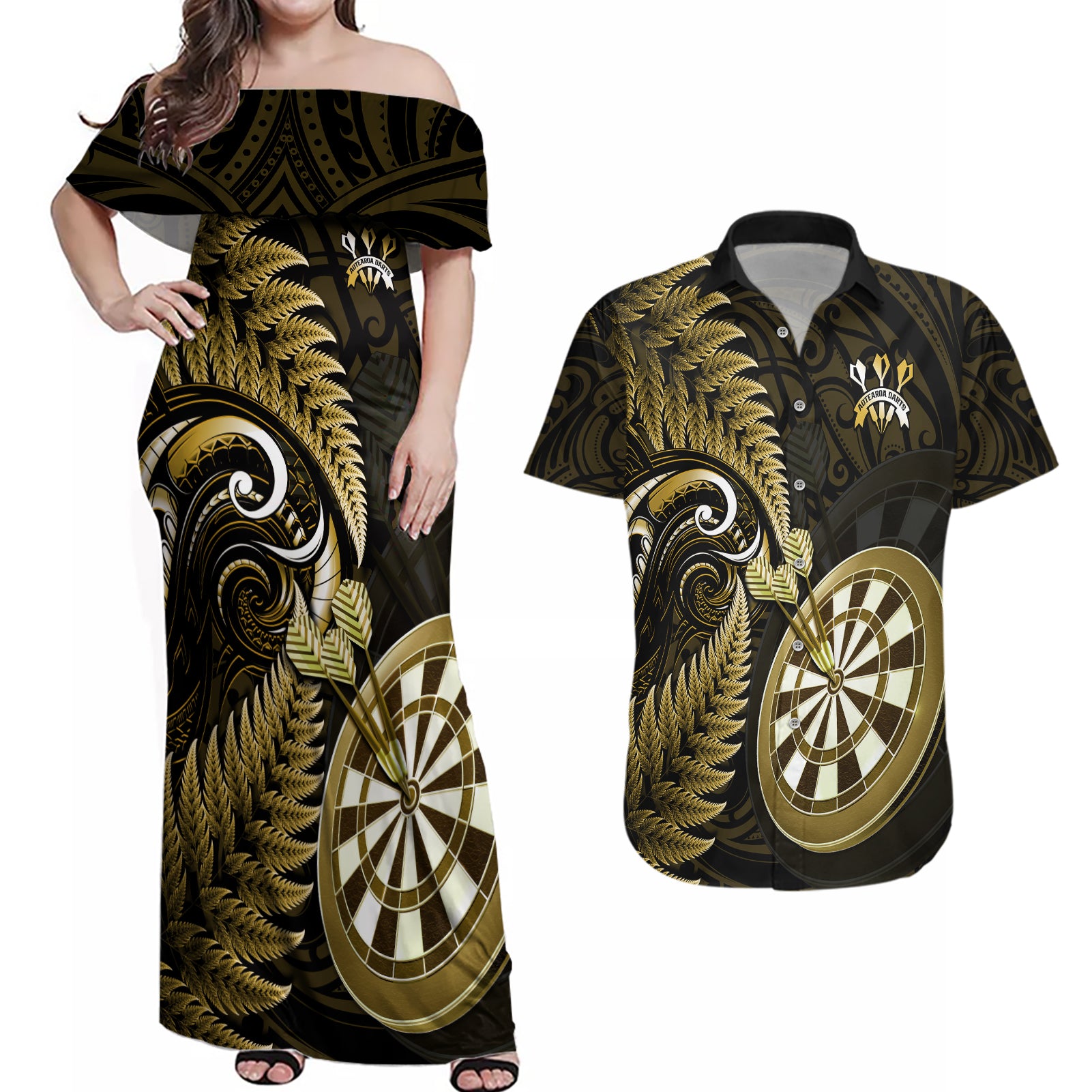 Personalised New Zealand Darts Couples Matching Off Shoulder Maxi Dress and Hawaiian Shirt Happiness Is A Tight Threesome Maori Gold - Wonder Print Shop