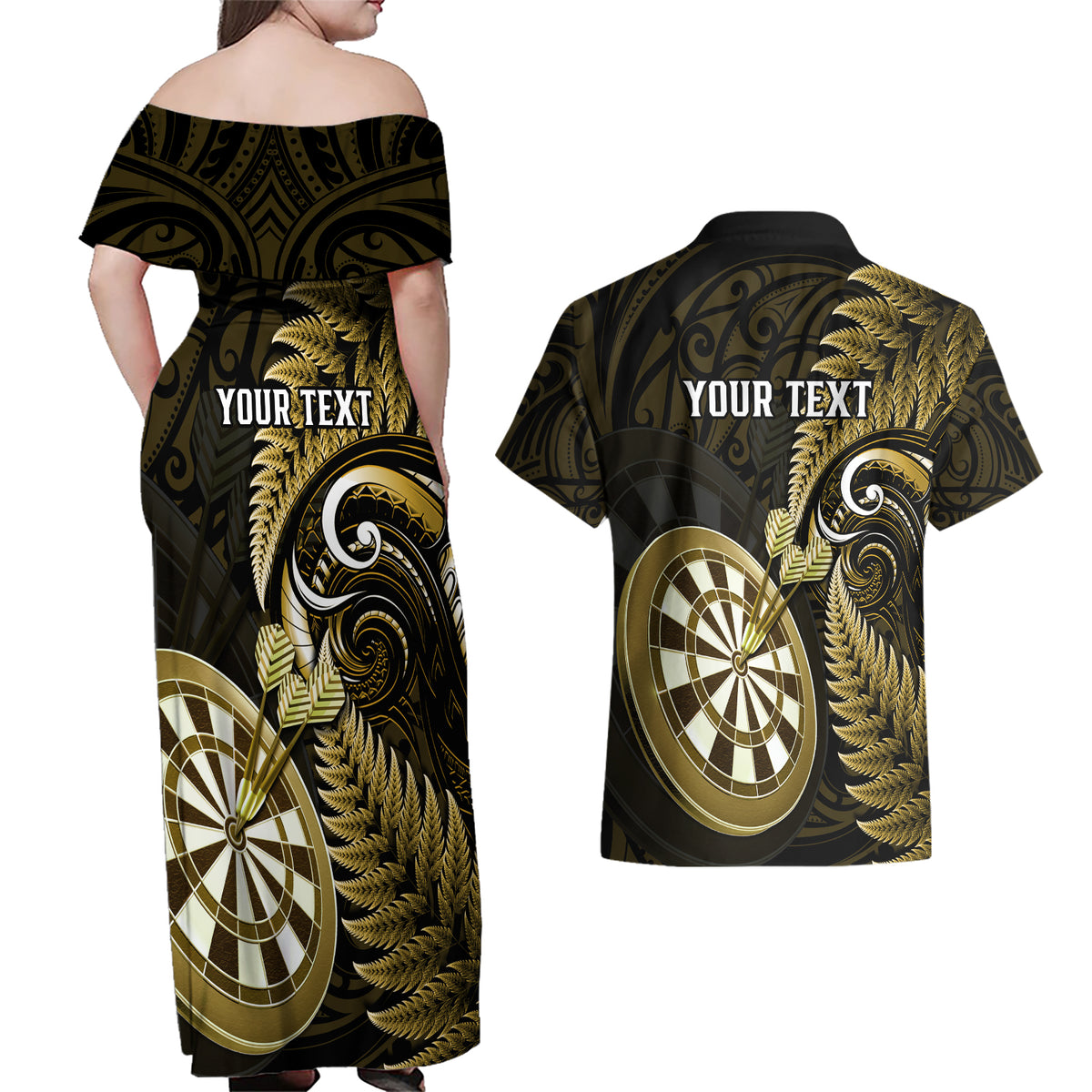 Personalised New Zealand Darts Couples Matching Off Shoulder Maxi Dress and Hawaiian Shirt Happiness Is A Tight Threesome Maori Gold - Wonder Print Shop