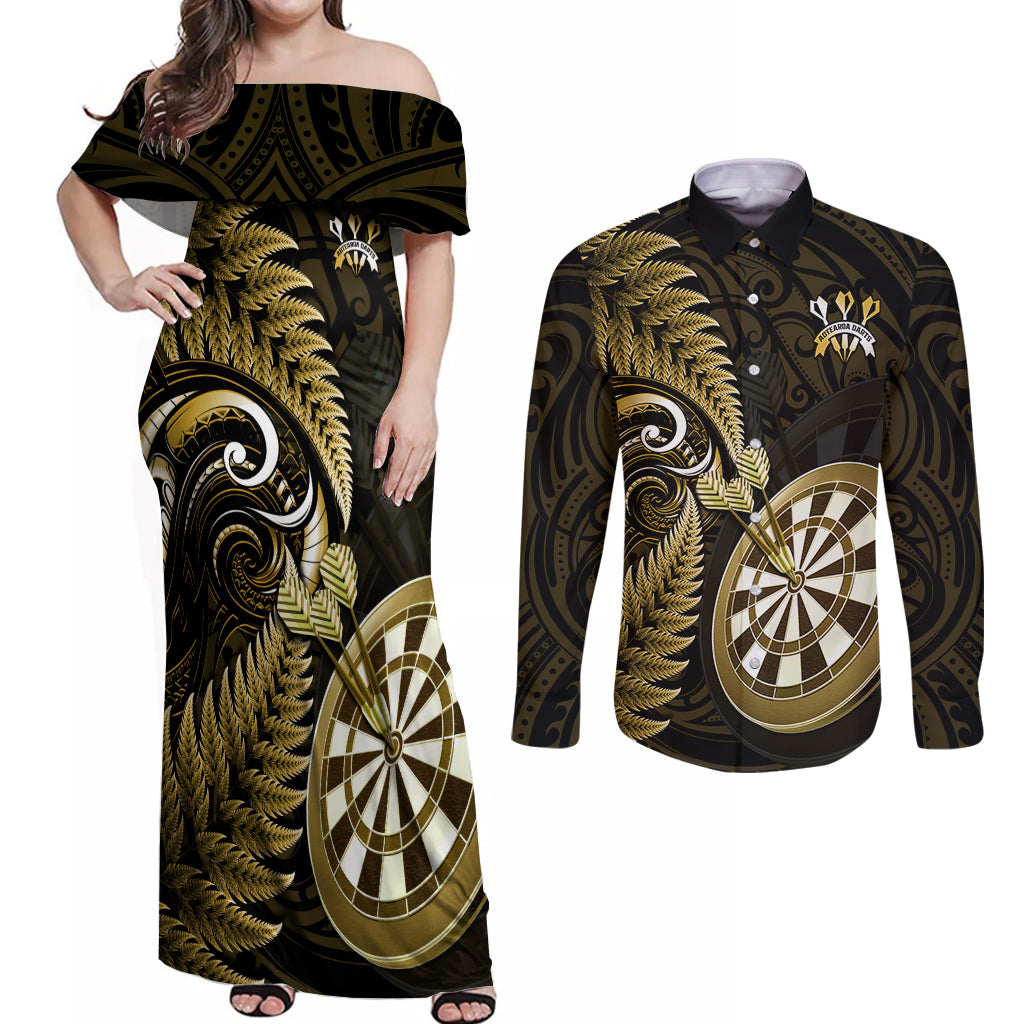 Personalised New Zealand Darts Couples Matching Off Shoulder Maxi Dress and Long Sleeve Button Shirts Happiness Is A Tight Threesome Maori Gold - Wonder Print Shop