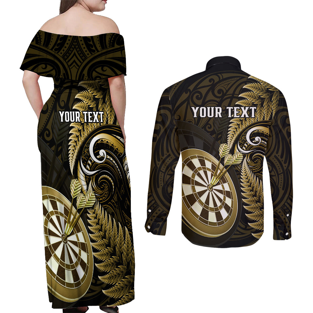Personalised New Zealand Darts Couples Matching Off Shoulder Maxi Dress and Long Sleeve Button Shirts Happiness Is A Tight Threesome Maori Gold - Wonder Print Shop